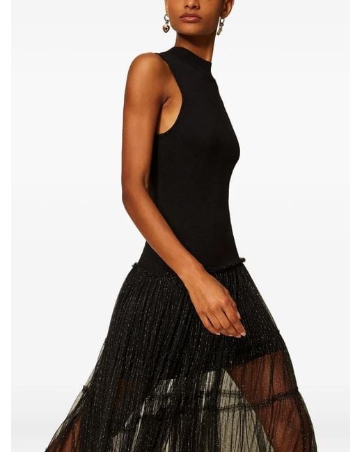 Twinset Black Long Sleeveless Knit Dress With Plumetis Tulle