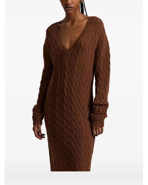 Polo Ralph Lauren Brown Cable-Knit V-Neck Maxi Dress