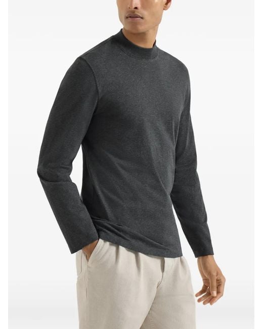 Brunello Cucinelli Gray Long-Sleeve Mock-Neck T-Shirt for men