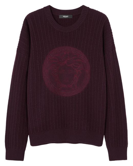 Versace Purple Medusa-Embroidered Cable-Knit Sweater for men