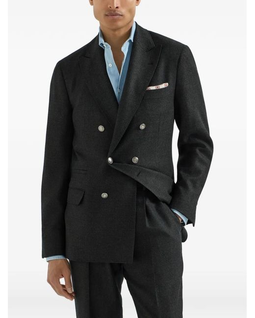 Brunello Cucinelli Black Mouliné Virgin Wool Twill One-And-A-Half Breasted Deconstructed Blazer With Metal Buttons for men