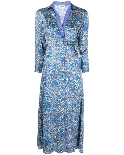 Sandro Blue Floral-print Satin Midi Dress