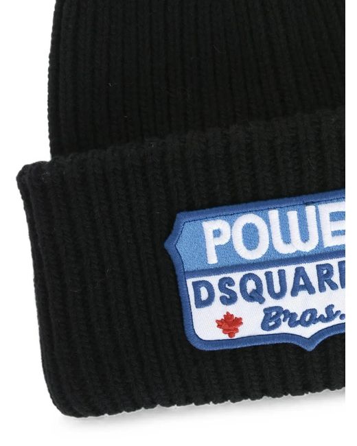 DSquared² Black Embroidered Logo-Patch Beanie Hat for men