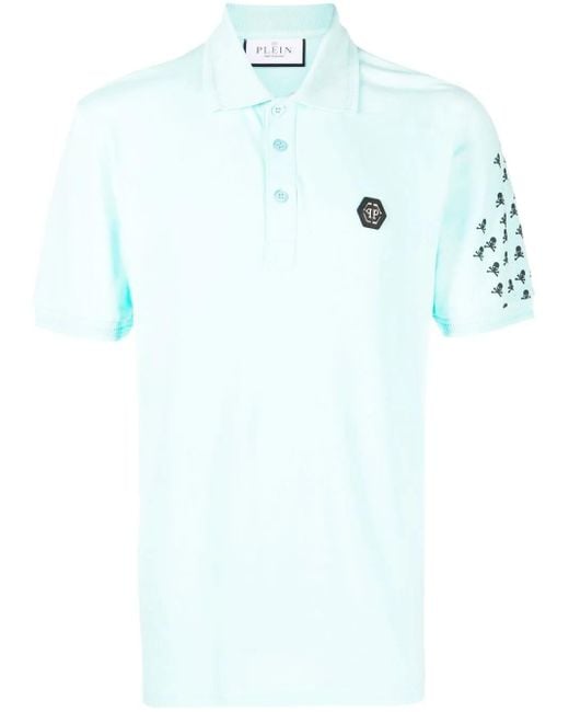 Philipp Plein Blue Skull And Bones Cotton Polo Shirt for men