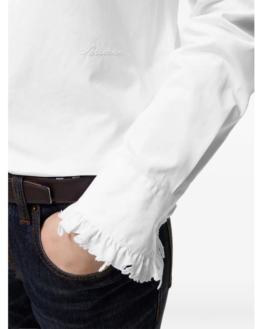 Burberry White Classic Fit Ruffled Cotton Poplin Shirt