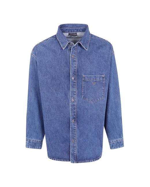 Emporio Armani Blue Cotton Denim Shirt With A Chest Pocket And Metallic Buttons for men