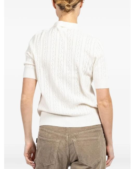 Lisa Yang White Pointelle-Knit Polo Top