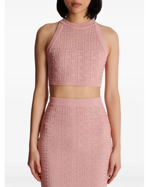 Balmain Pink Metallic Monogram Jacquard Crop Top