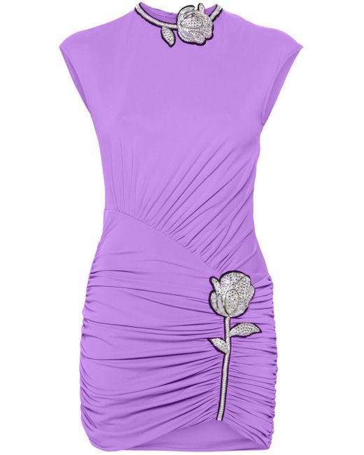 David Koma Purple Floral-detailed Ruched Minidress