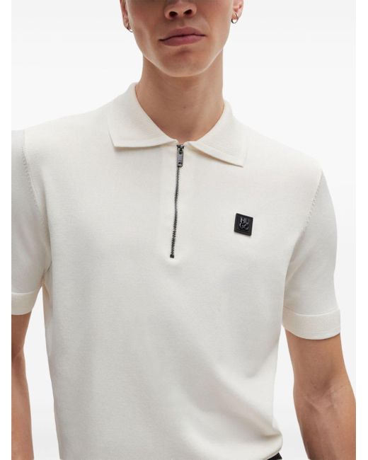 HUGO White Logo-appliqué Zip-up Polo Shirt for men
