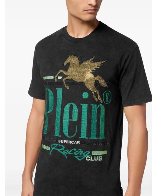 Philipp Plein Black Jersey T-Shirt Round Neck Ss Racing Club for men