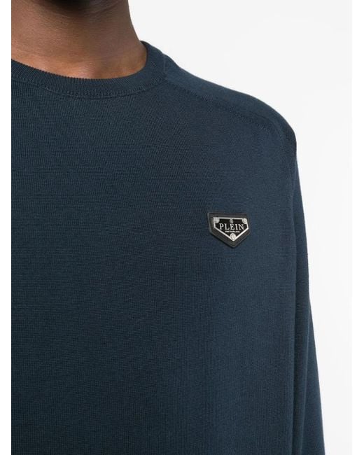 Philipp Plein Blue Logo-Plaque Jumper for men