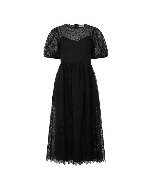 RED Valentino Black Puff-Sleeve Floral Dress