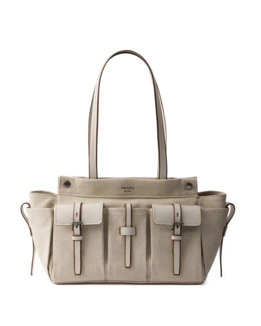 Prada White Route Large Canvas And Leather Tote Bag