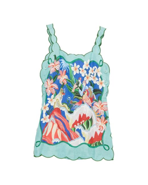 Farm Rio Blue Scalloped-Trim Graphic-Print Mini Dress
