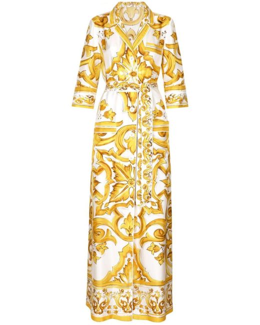 Dolce & Gabbana Majolica Silk Maxi Dress in het Metallic