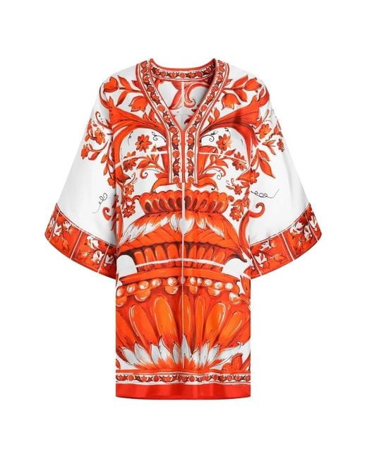 Dolce & Gabbana Orange Majolica-Print Twill Short Kimono Dress