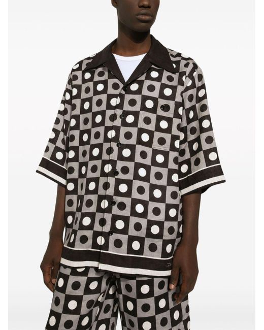 Dolce & Gabbana Black Geometric-print Linen Shirt for men