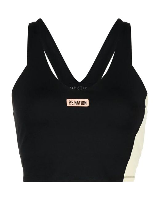 P.E Nation Black Panelled Logo-Patch Sports Bra