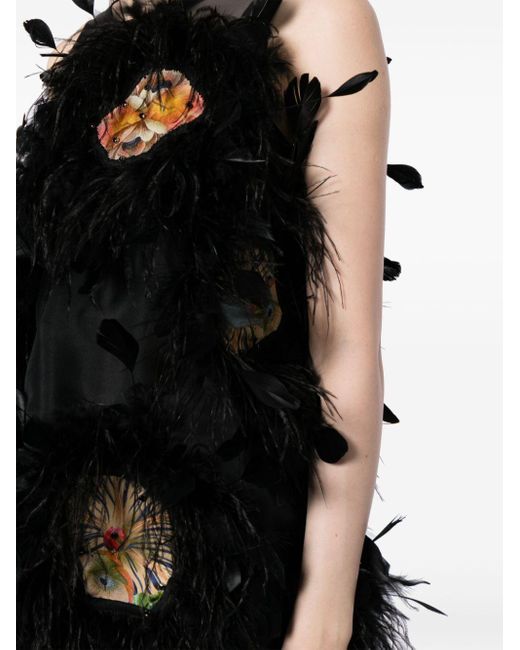 Cynthia Rowley Black Floral-motif Feather Mini Dress