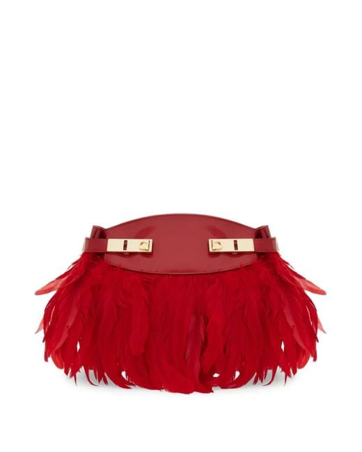 Ferragamo Red Hug Feather-Trimmed Cross Body Bag