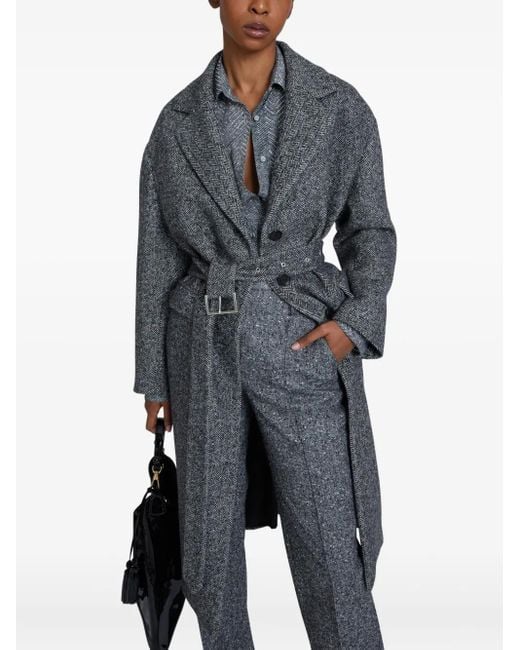 Ermanno Scervino Gray Herringbone-Pattern Belted Coat