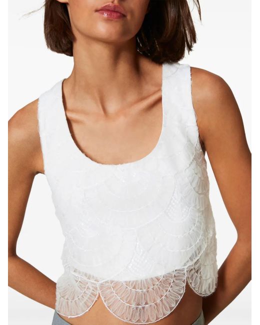 Twinset White Organza-Overlay Crepe Cropped Tank Top