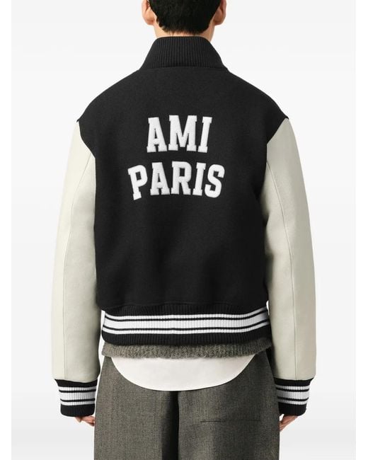 AMI Black Wool And Leather Padded Teddy Jacket With Embroidery for men