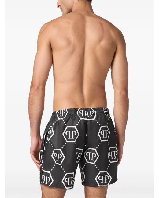 Philipp Plein Black Monogram Drawstring Swim Shorts for men