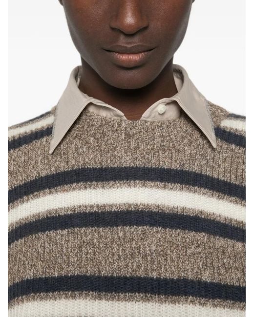 Brunello Cucinelli Brown Striped Crew-Neck Sweater