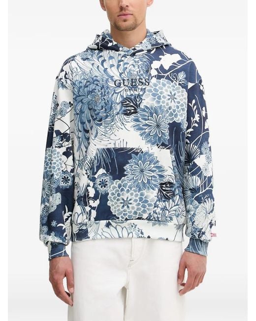 Guess Blue Floral-Print Hoodie for men