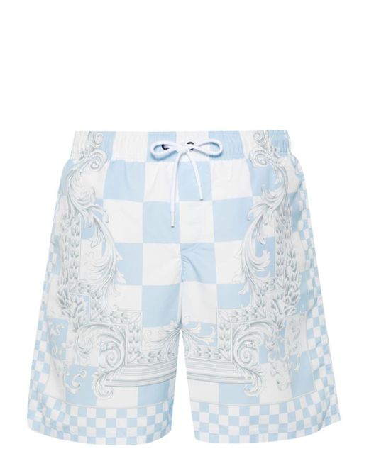 Versace Blue Swim Shorts With Medusa Contrast Print And Checkered Pattern for men