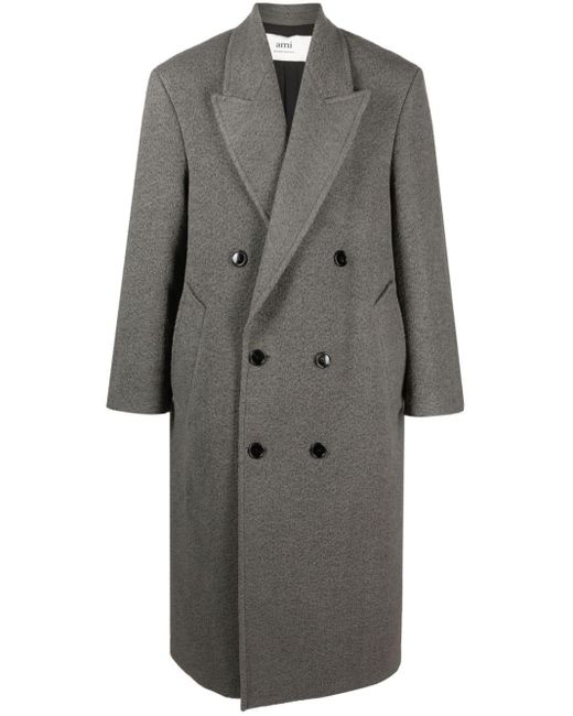 AMI Gray Double-breasted Long Coat for men