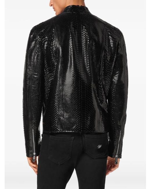 Philipp Plein Black Python Leather Moto Jacket for men