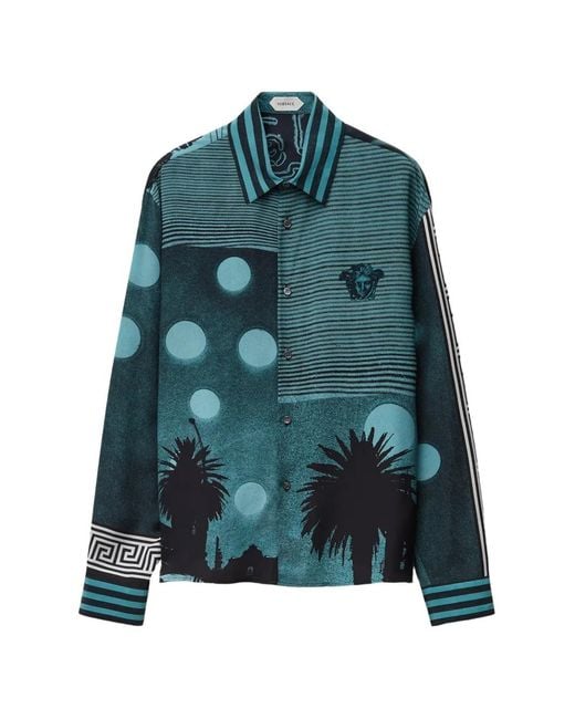 Versace Blue Printed Silk Crêpe De Chine Regular Shirt for men