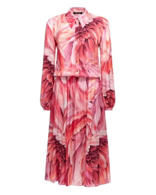 Roberto Cavalli Red Feather-Print Button-Down Midi Dress