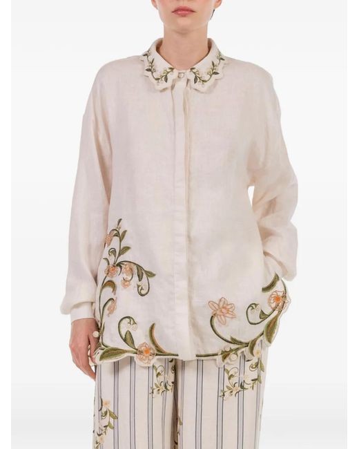 Agua Bendita White Cecilia Valle Floral-Embroidered Shirt