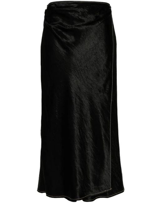 Acne Black Satin Wrap Midi Skirt