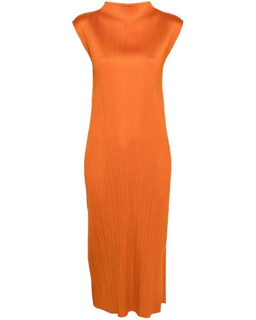 Pleats Please Issey Miyake Orange Sleeveless Pleated Dress