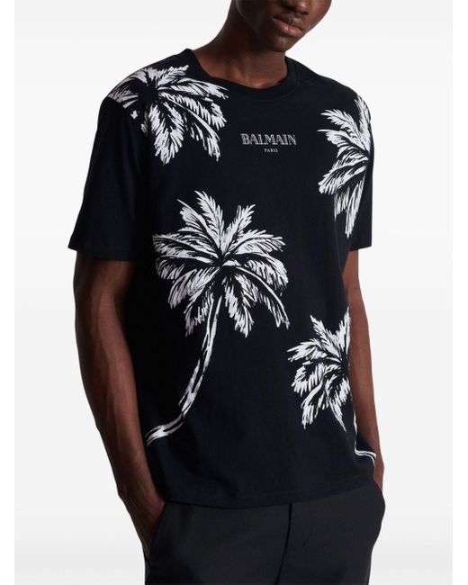 Balmain Katoenen T-shirt Met Palmboomprint in het Black voor heren