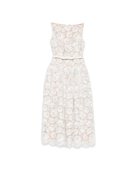 Self-Portrait White Lace-Overlay Belted Midi Dress