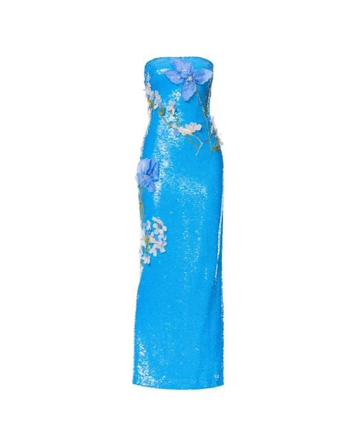 Monique Lhuillier Blue Iris Sequined Floral-Appliqué Gown