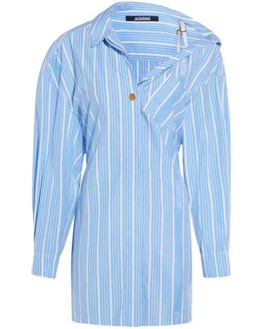 Jacquemus Blue Asymmetrical Striped Cotton Shirt Dress