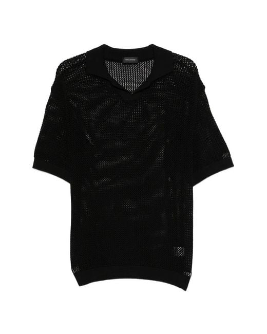 Tagliatore Black Crochet-Effect Polo Shirt With Ribbed Details for men