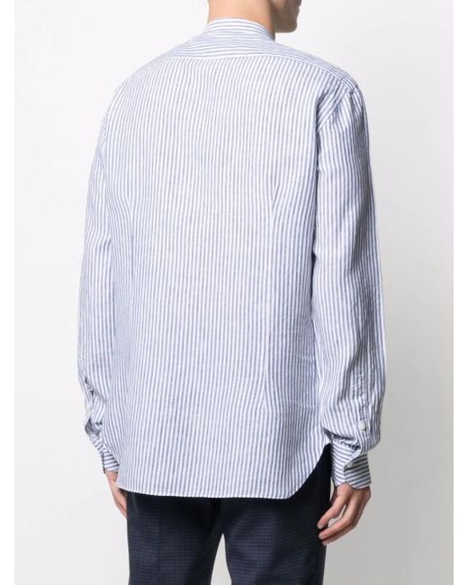 Barba Napoli Blue Band-Collar Striped Linen Shirt for men