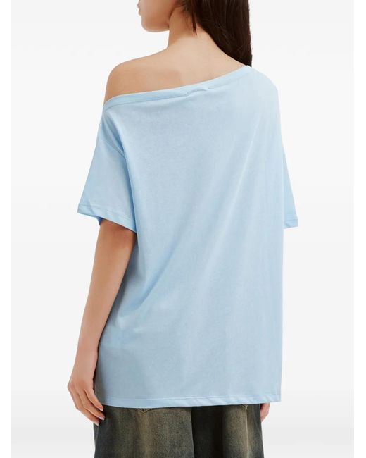 Mini Cream Blue Rhinestone-Embellished Asymmetric-Neck Cotton T-Shirt