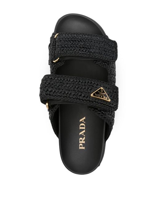 Prada Raffia Slippers Met Logo in het Black