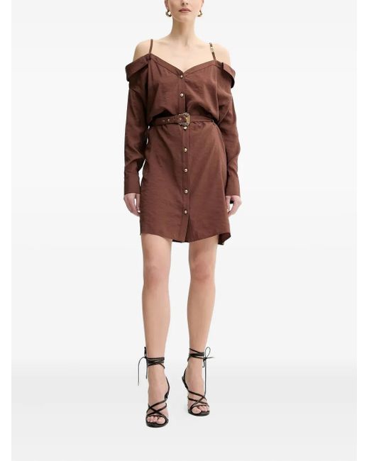 Versace Jeans Couture Brown Off-Shoulder Belted Shirt Dress