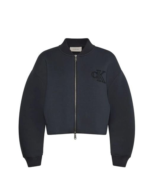 Calvin Klein Blue Logo-Embroidered Cropped Bomber Jacket