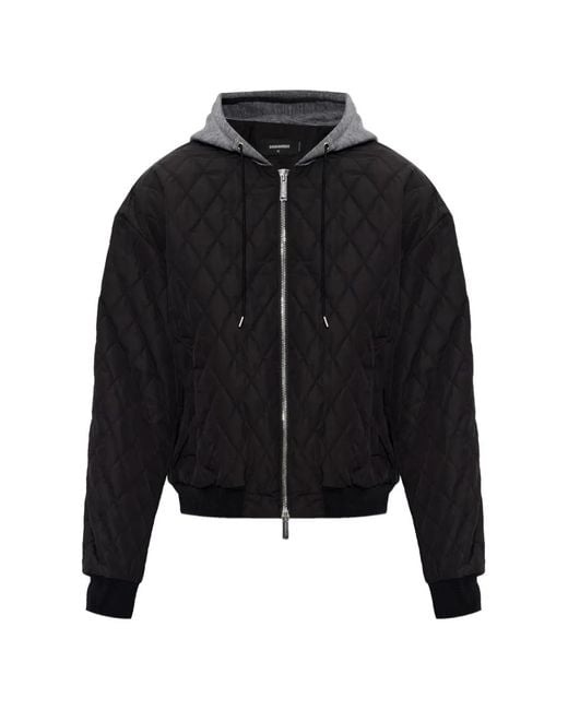DSquared² Black Hooded Quilted Bomber Jacket for men